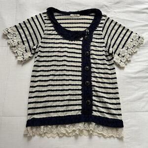 Axes Femme Navy and cream striped knit to with lace collar Size medium